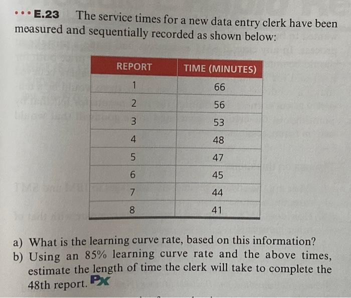 answer using excel E.23 The service times for a new data entry