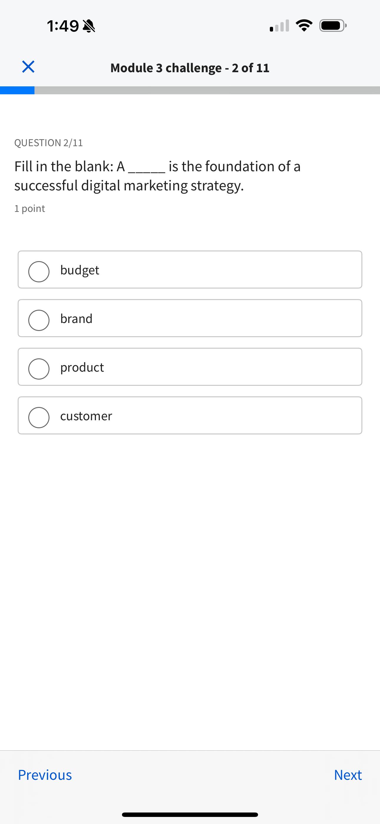  1:49 Module 3 challenge -2 of 11 QUESTION 2/11 Fill in