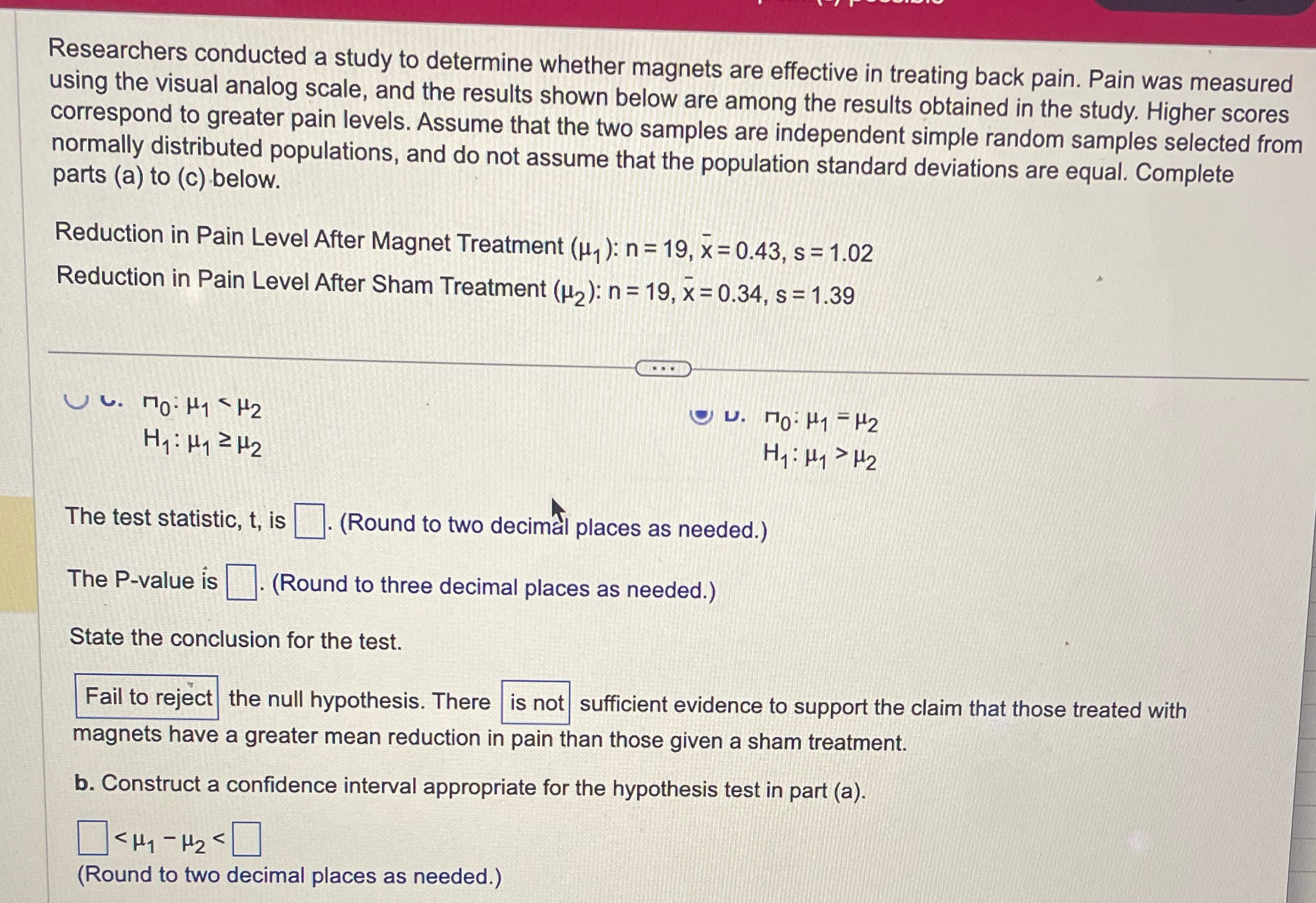 How do I find the test statistic, p value and construct the