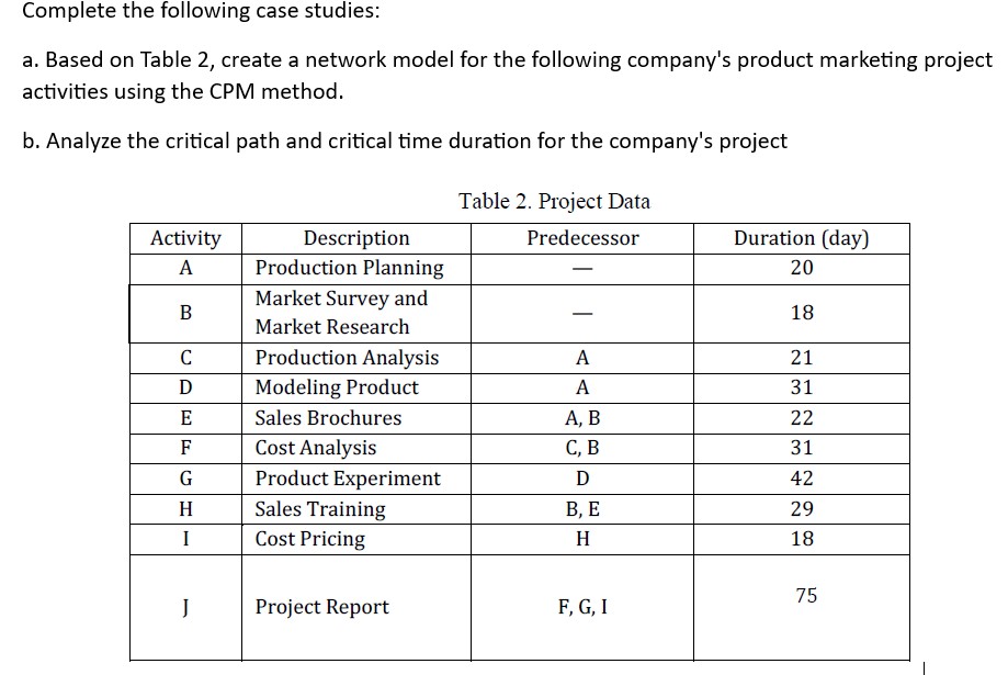  Complete the following case studies: a. Based on Table 2, create