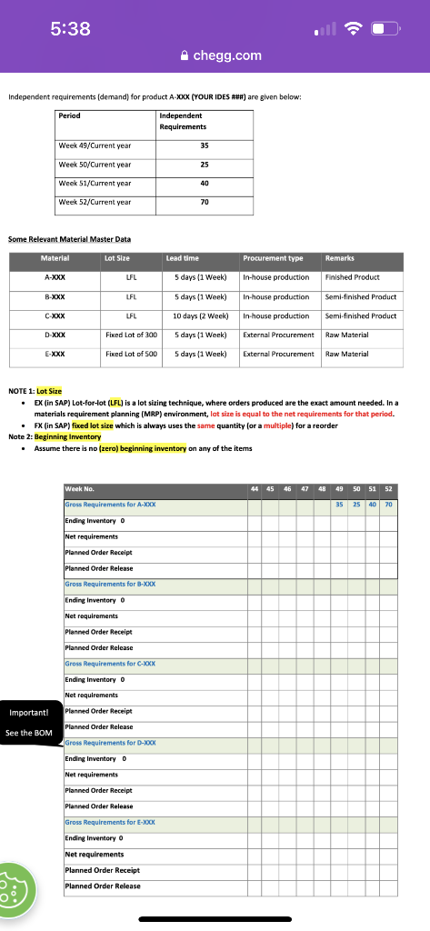 Asst 3 MRP Calculation 10.1 Material Requirements Planning Exercise Assignment Learning Objective: