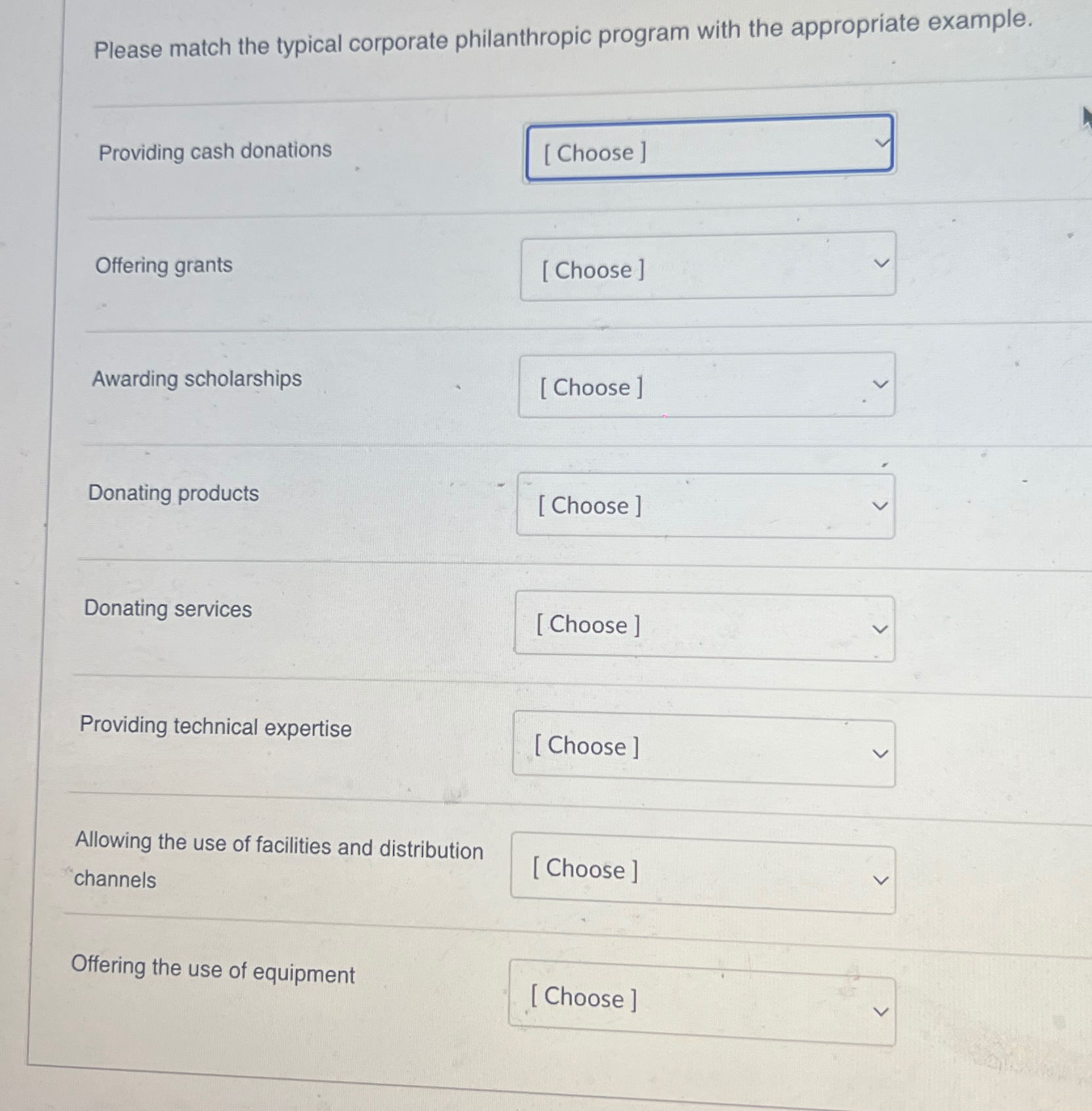  Please match the typical corporate philanthropic program with the appropriate example.
