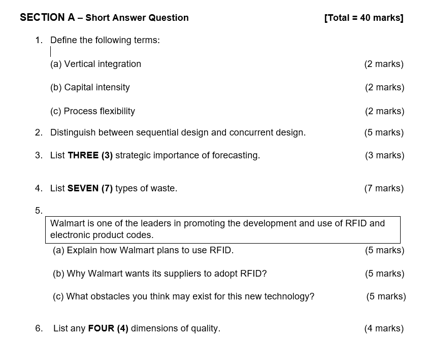  SECTION A - Short Answer Question [ Total =40 marks ]