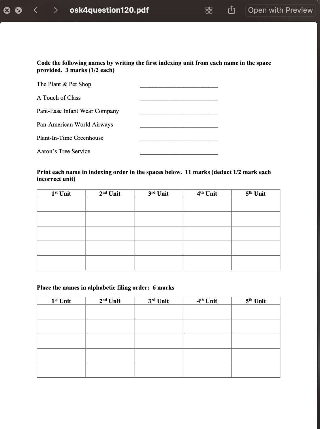  Code the following names by writing the first indexing unit from