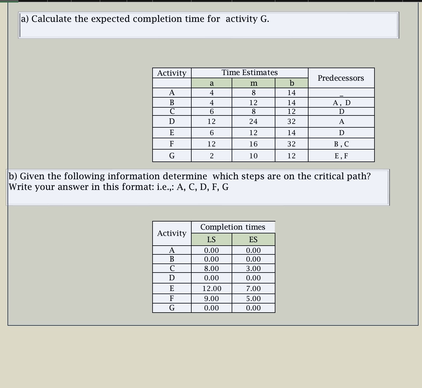 a) Calculate the expected completion time for activity G. b) Given