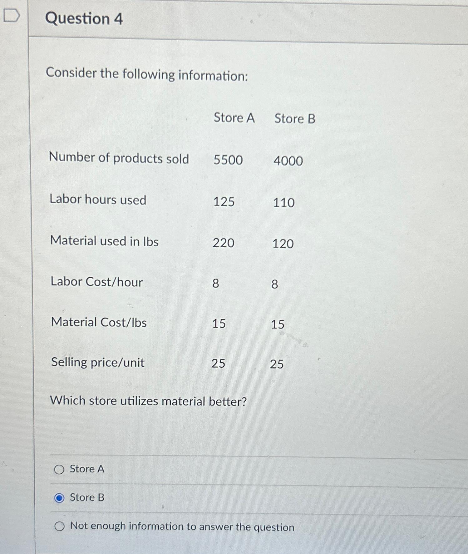  Question 4 Consider the following information: Store A Store B Number
