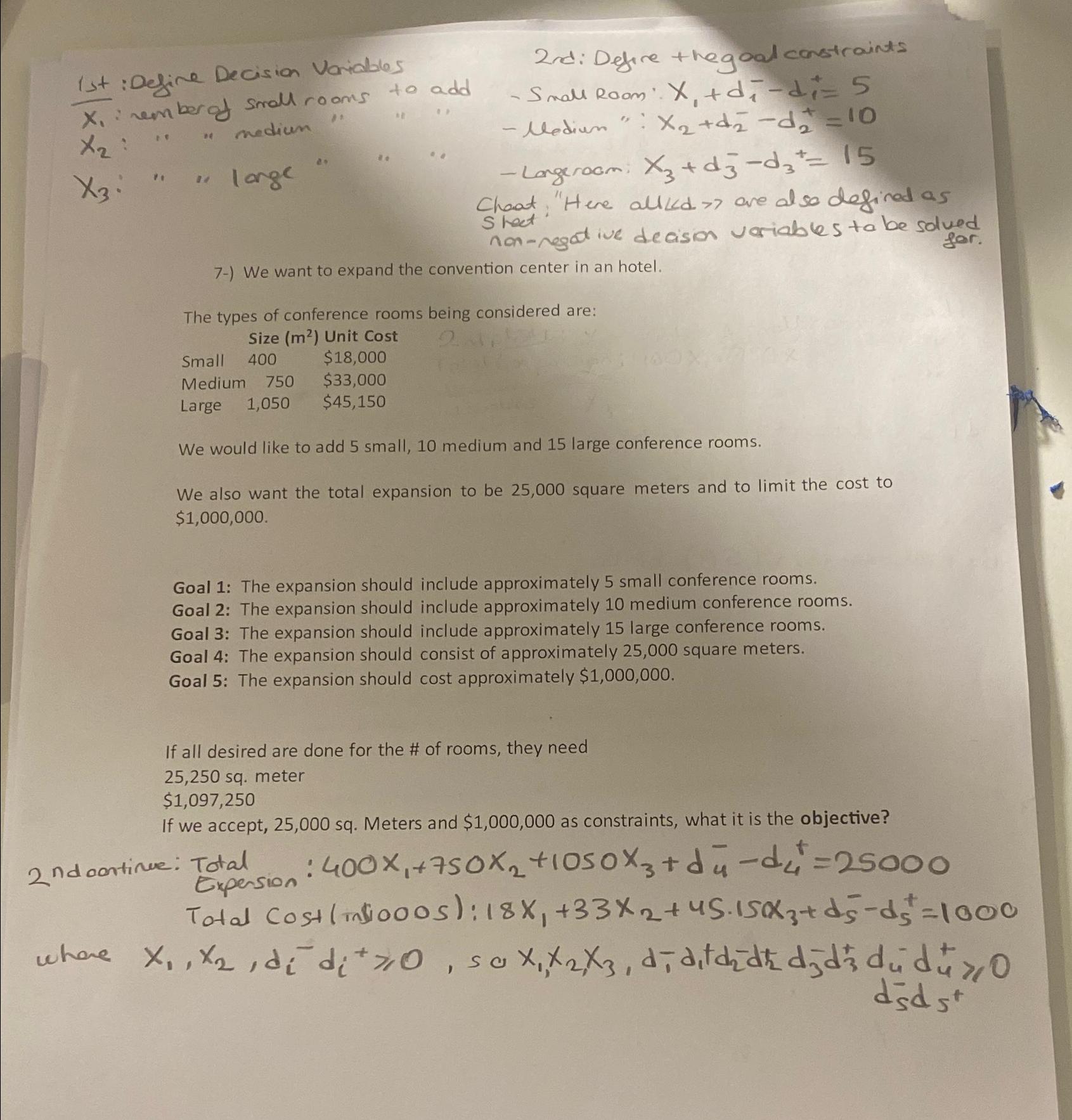  1st : Define Decision Variables x1 : nember of small rooms