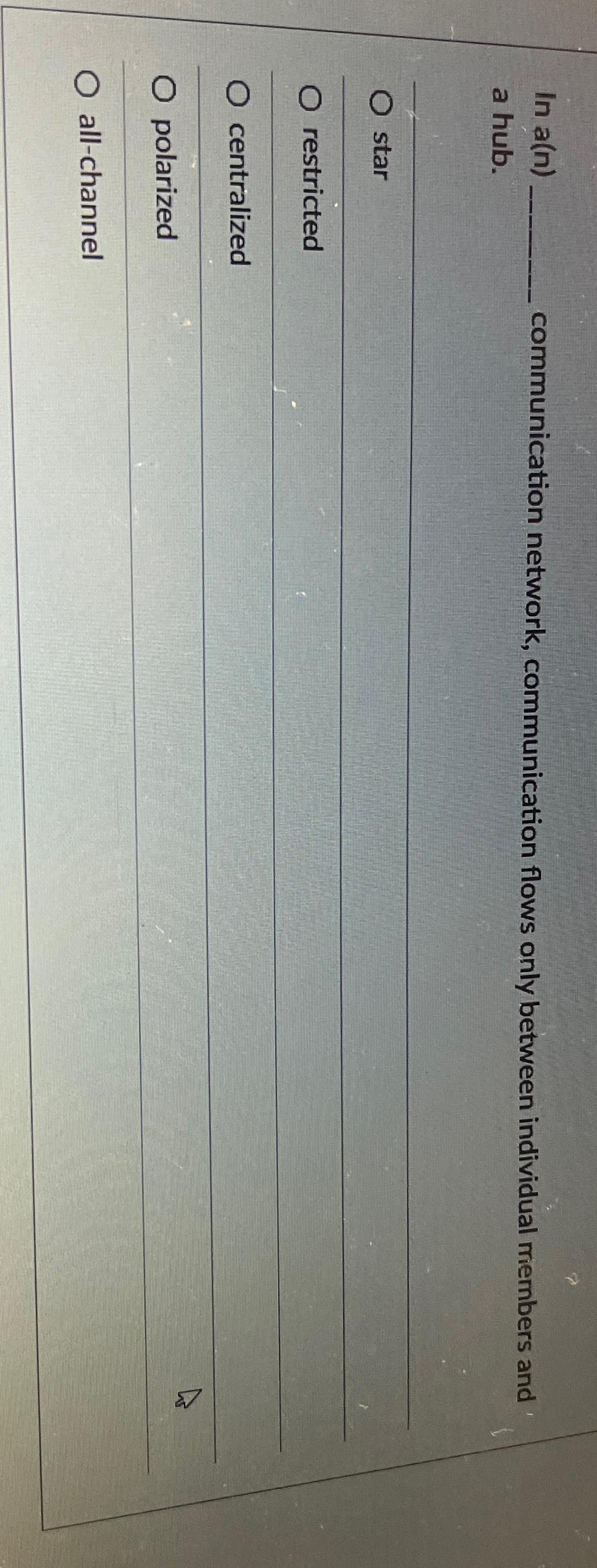  In a(n) communication network, communication flows only between individual members and