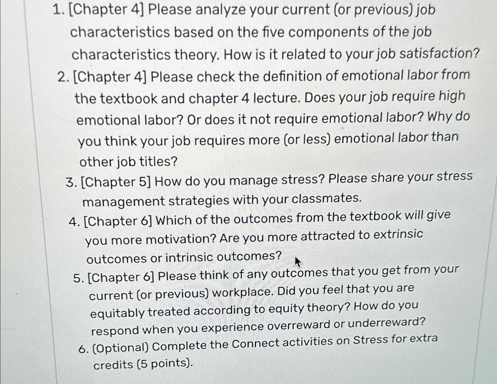  [Chapter 4] Please analyze your current (or previous) job characteristics based