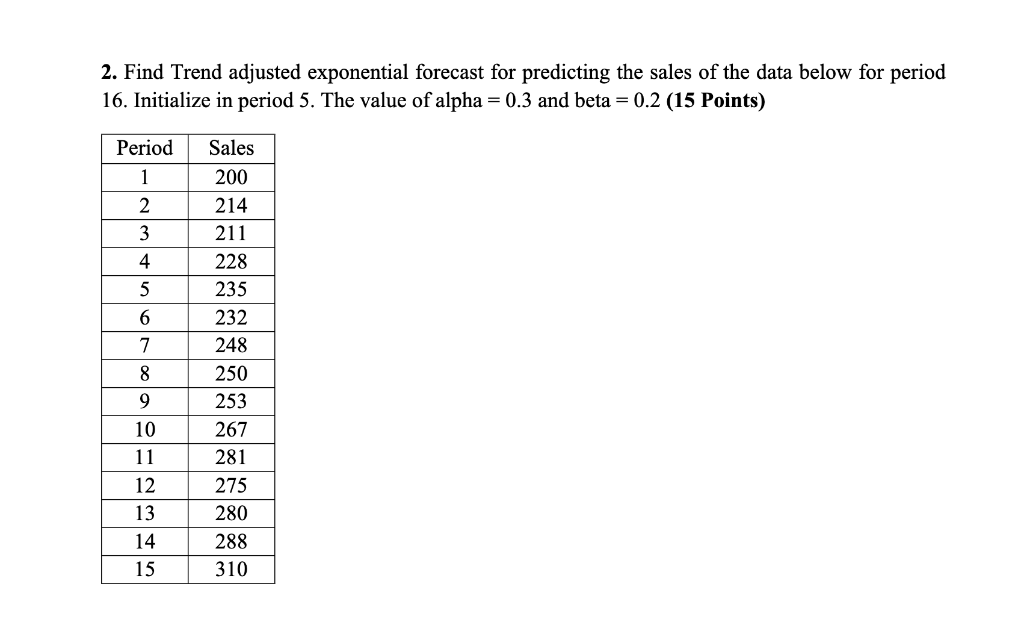 2. Find Trend adjusted exponential forecast for predicting the sales of