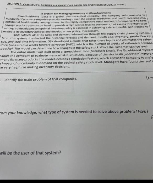 Managment Support System Please ANSWER All Questions Case study Dss A System