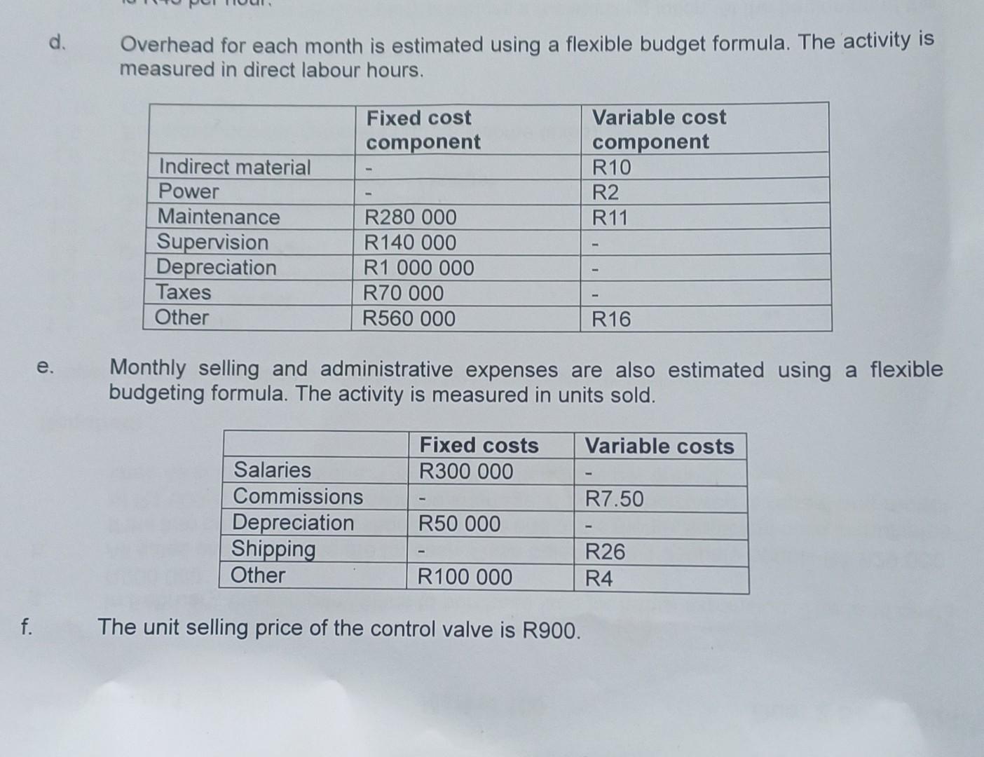 formula. The activity is measured in direct labour hours. e. Monthly selling