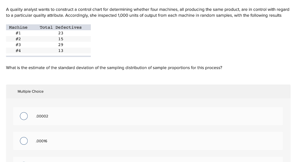 A quality analyst wants to construct a control chart for determining