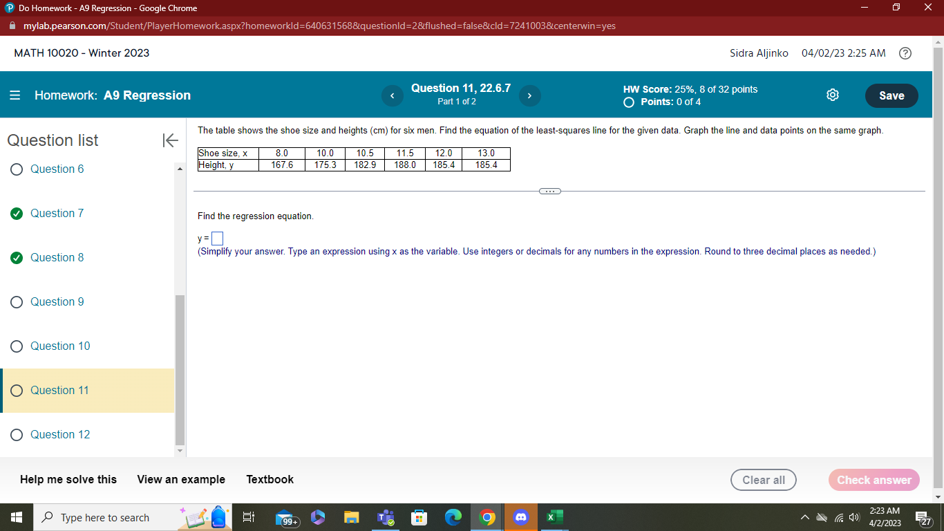 Do Homework - A9 Regression - Google Chrome X " mylab.pearson.com/Student/PlayerHomework.aspx?homeworkld=640631568&questionld=2&flushed=false&cld=7241003¢erwin=yes