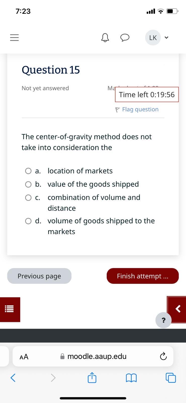  7:23 Question 15 Not yet answered Ma' Time left 0:19:56 Flag