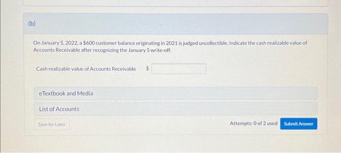 January 5,2022 , a $600 customer balance originating in 2021 is judged
