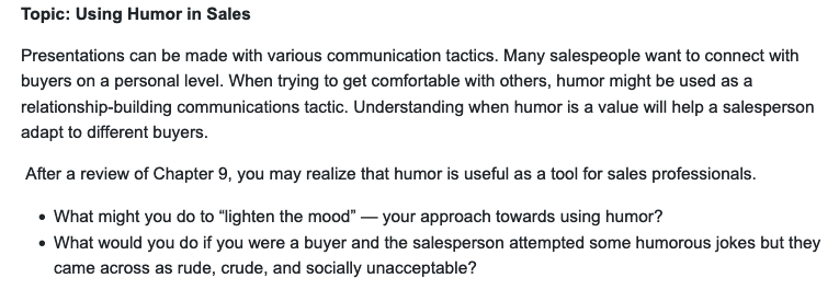 Topic: Using Humor in Sales Presentations can be made with various