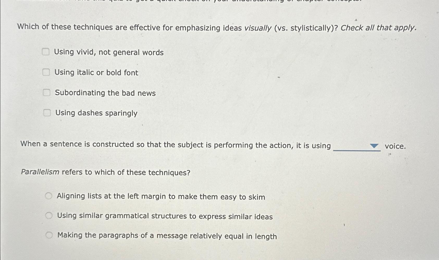  Which of these techniques are effective for emphasizing ideas visually (vs.