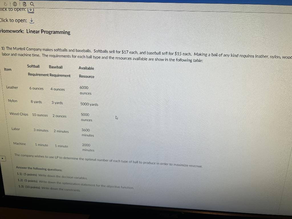  Homework: Linear Programming 1) The Mantell Company makes softballs and baseballs.