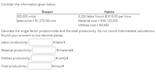 Consider the information given below. OutputInputs335,000 units6,200 labor hours @ $16.00 per