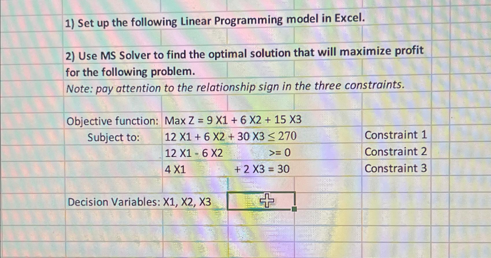  Set up the following Linear Programming model in Excel. Use MS