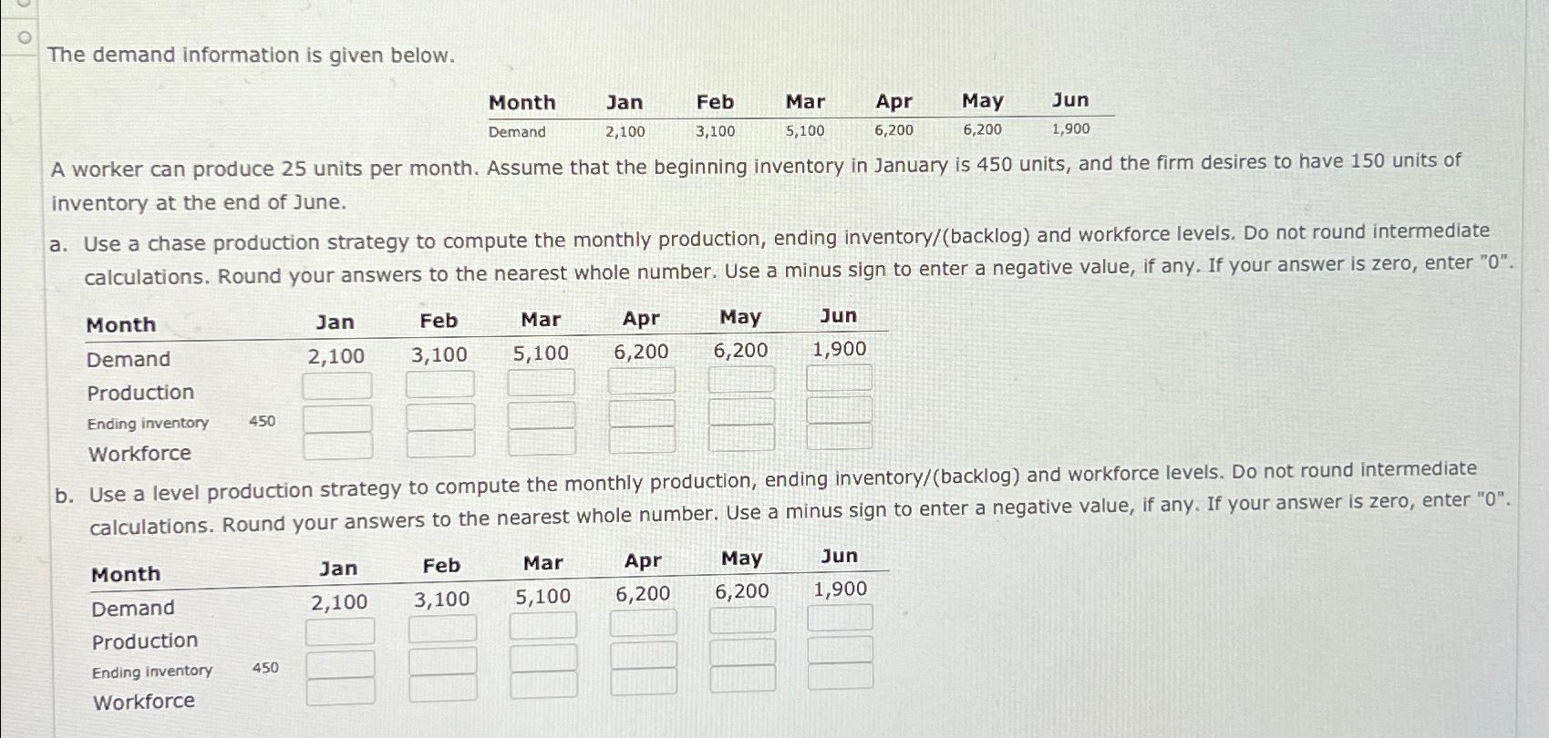  The demand information is given below. \table[[Month,Jan,Feb,Mar,Apr,May,Jun],[mand,2,100,3,100,5,100,6,200,6,200,1,900]] A worker can produce