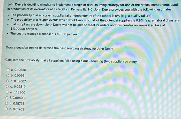  John Deere is deciding whether to implement a single or dual-sourcing