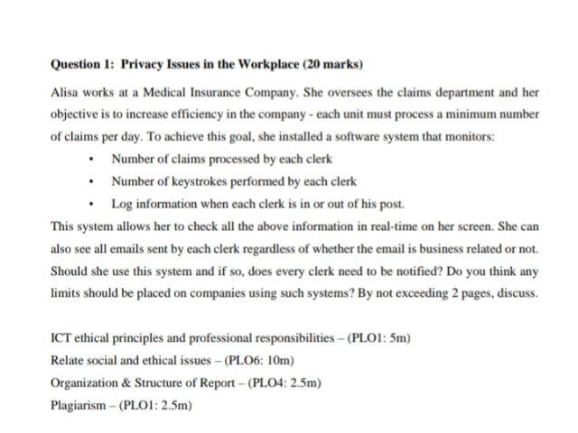 Question 1: Privacy Issues in the Workplace (20 marks) Alisa works