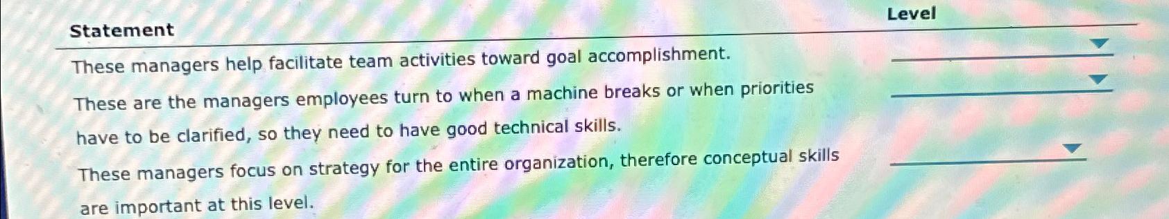  Statement Level These managers help facilitate team activities toward goal accomplishment.