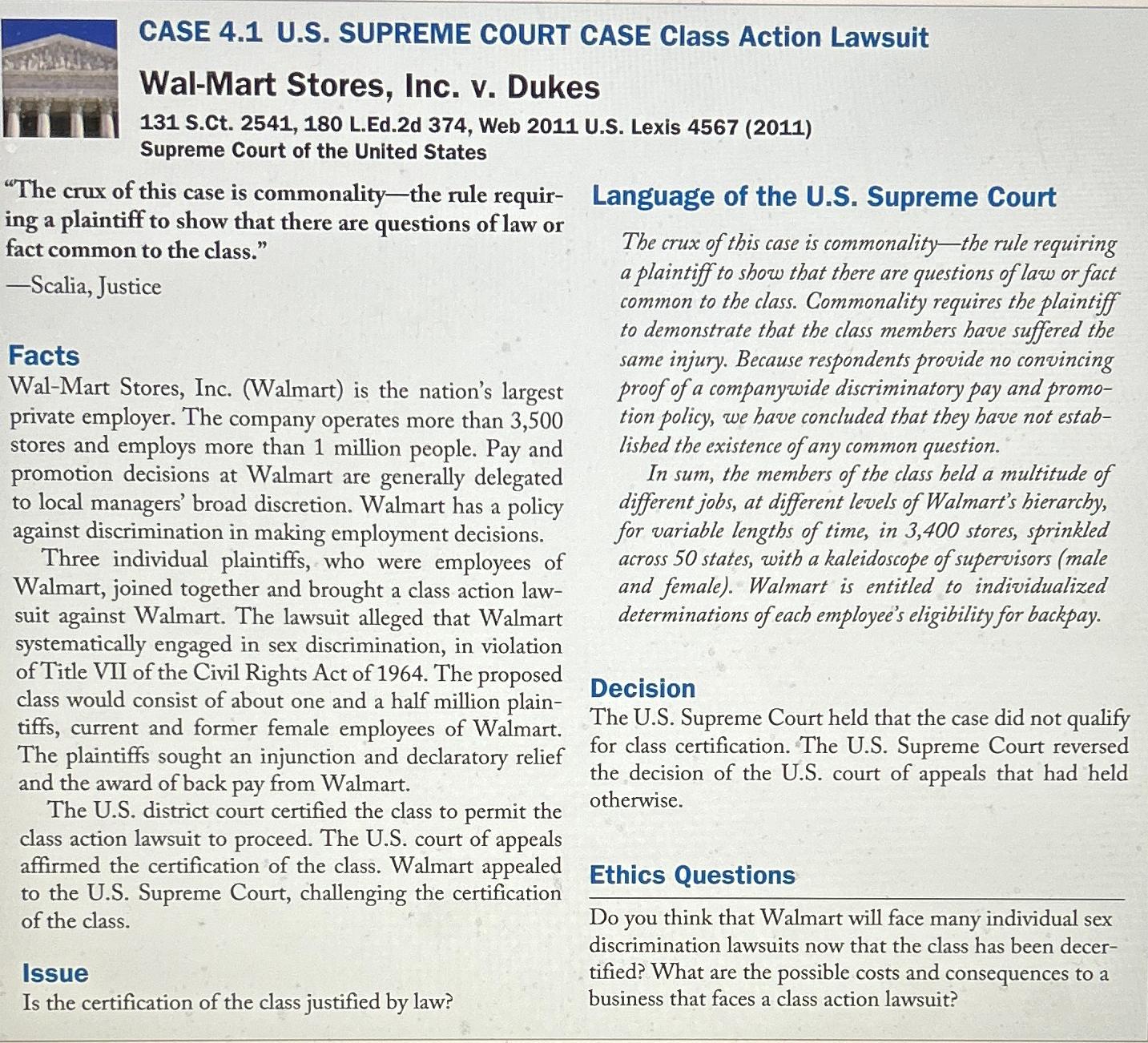  CASE 4.1 U.S. SUPREME COURT CASE Class Action Lawsuit Wal-Mart Stores,