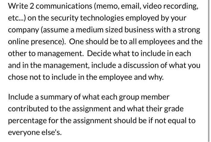  Write 2 communications (memo, email, video recording, etc...) on the security