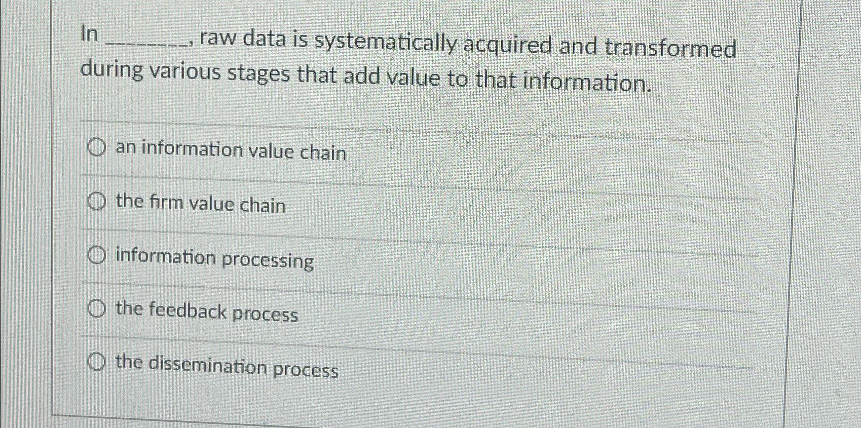  In , raw data is systematically acquired and transformed during various