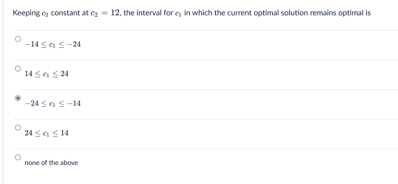 Keeping c2 constant at c2=12, the interval for c1 in which