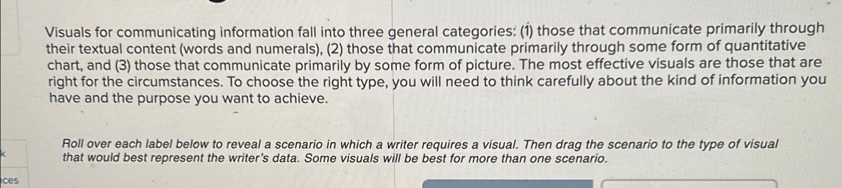  Visuals for communicating information fall into three general categories: (i) those