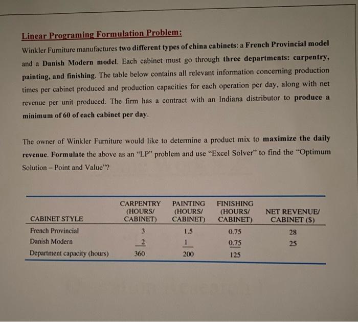  Linear Programing Formulation Problem: Winkler Furniture manufactures two different types of