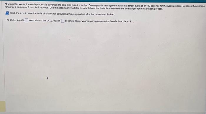  Therefore, the control limits for the sample ranges for the car