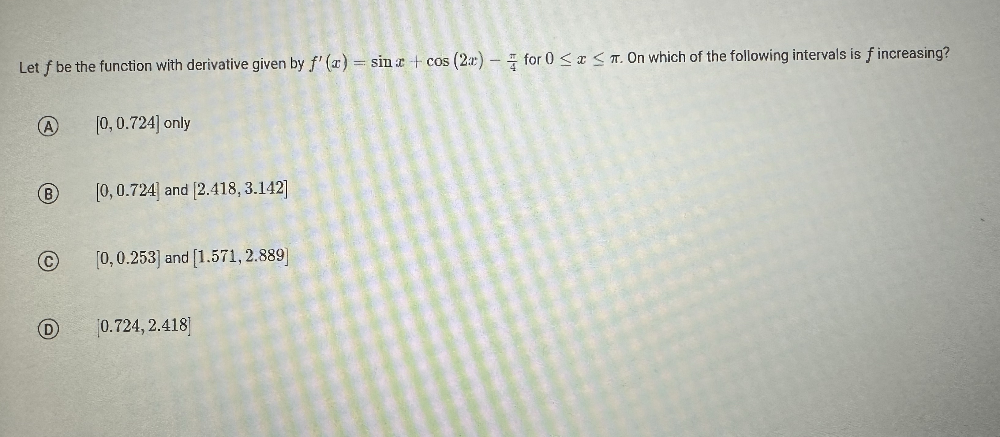  Let f be the function with derivative given by f' ()