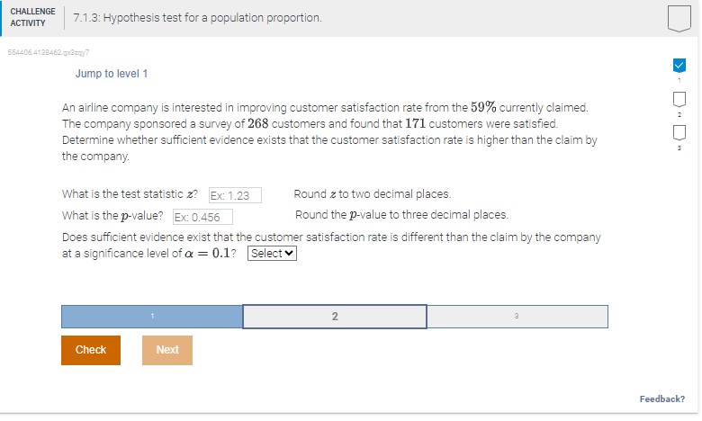  CHALLENGE ACTIVITY | 7.1.3: Hypothesis test for a population proportion. Jump
