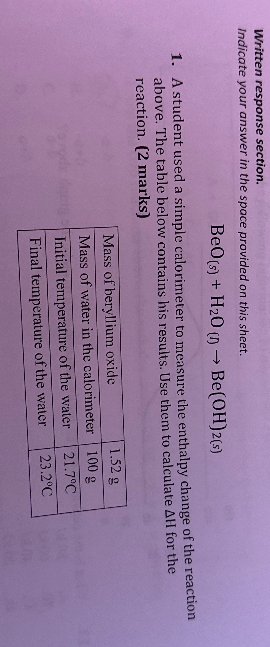 Written response section. Indicate your answer in the space provided on