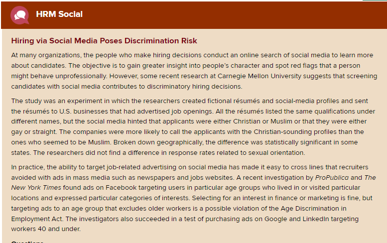 What discrimination risks are involved when using social media in hiring?