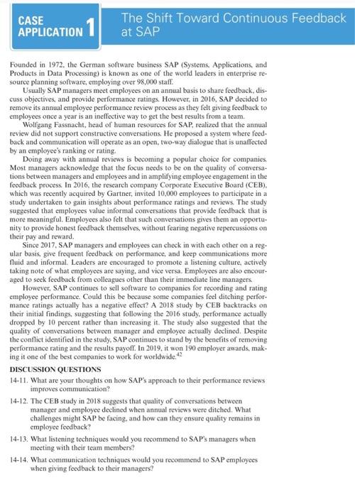  CASE APPLICATION 1 The Shift Toward Continuous Feedback at SAP Founded