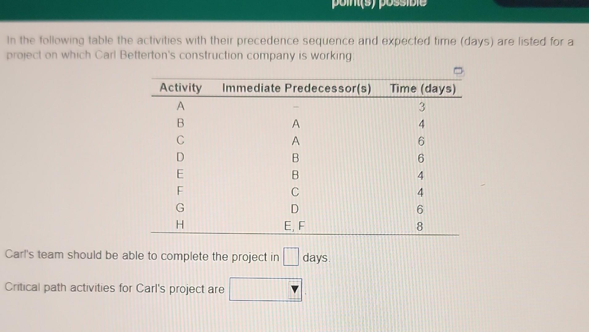 answer quick please In the following table the activities with their precedence