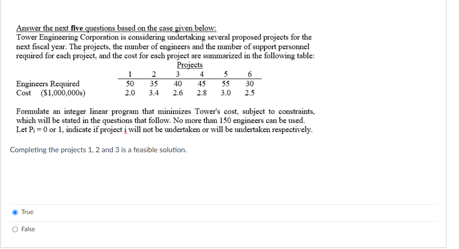 Tower Engineering Corporation is considering undertaking several proposed projects for the next