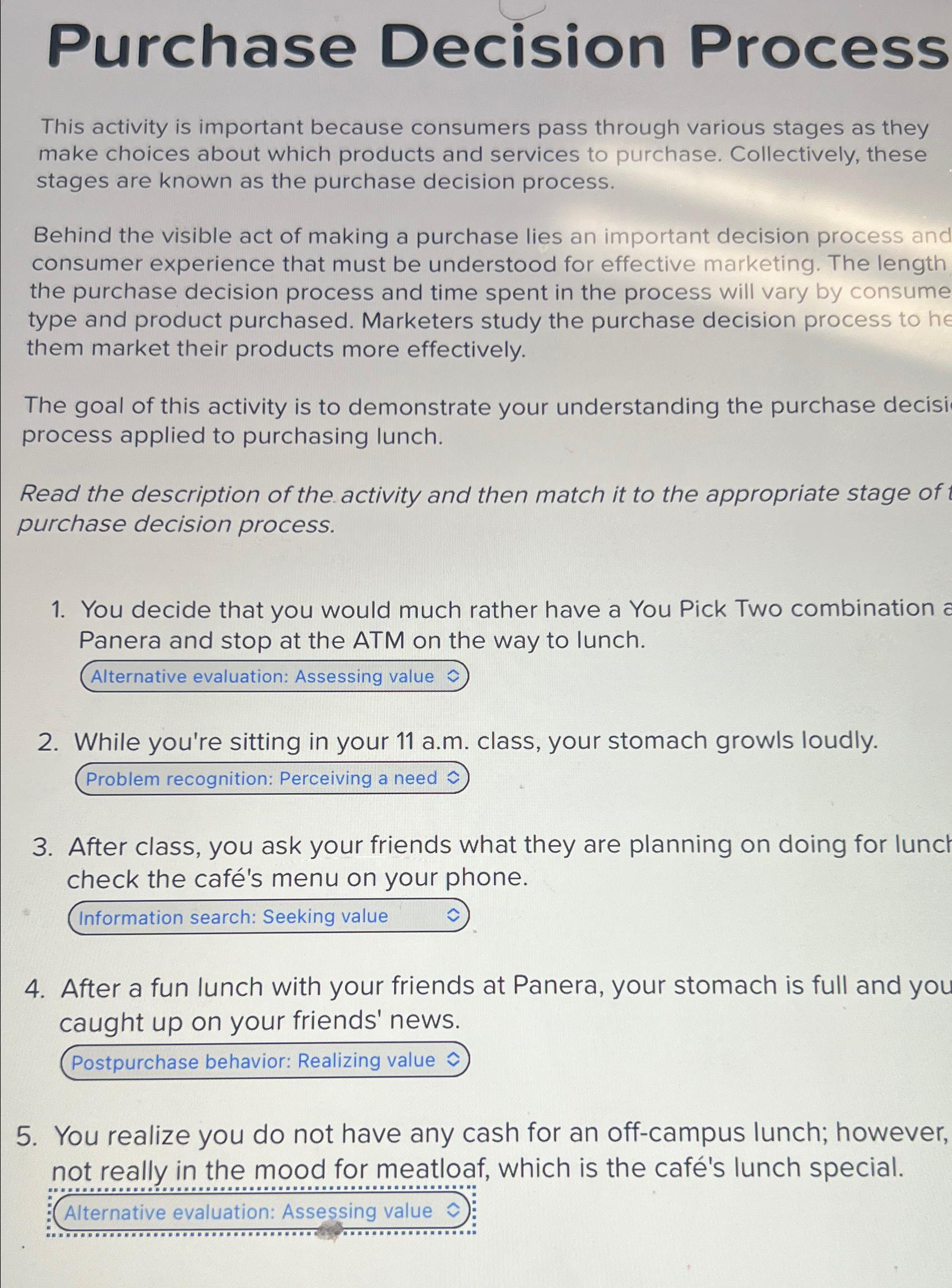  Purchase Decision Process This activity is important because consumers pass through