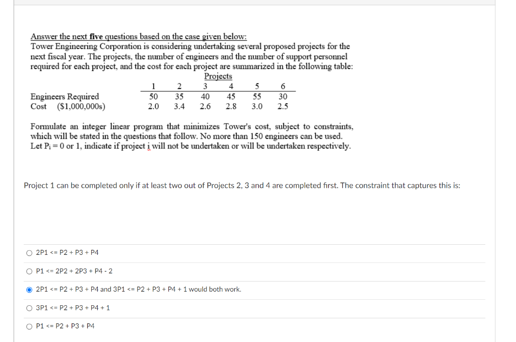 Tower Engineering Corporation is considering undertaking several proposed projects for the next