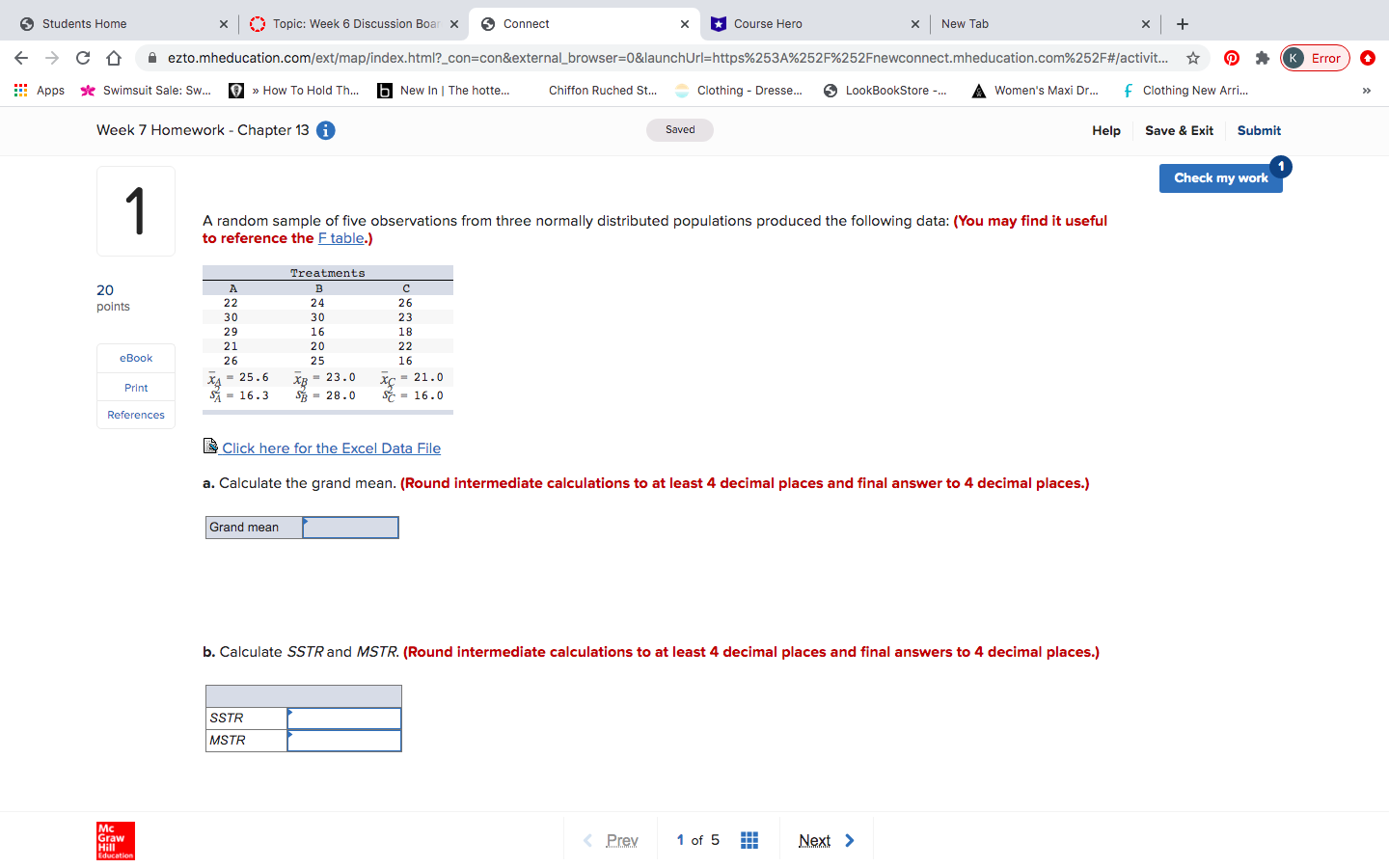 sheetB.Calculate SSE and MSEC. Specify the competing hypothesisD. Calculate the F test