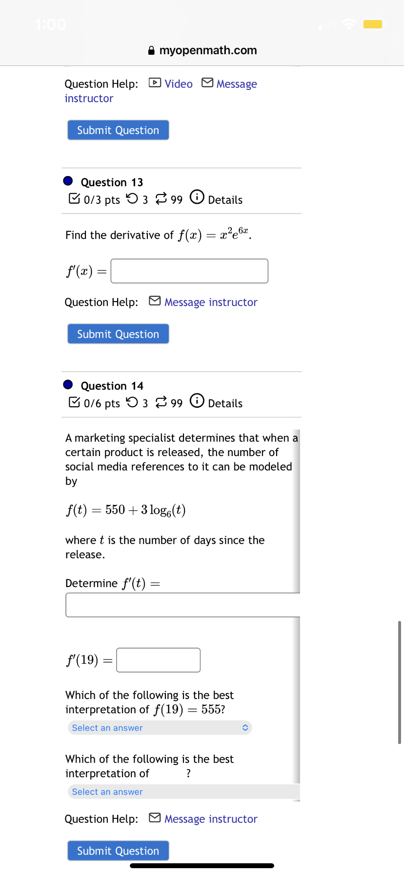 a4. Use logarithmic differentiation to determine the derivative. f'(ac) = f'(1) =