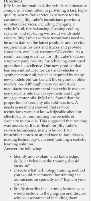  (This what I have) JIFFY LUBE CASE STUDY Based on the