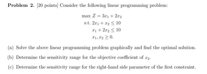  Problem 2. [20 points] Consider the following linear programming problem: maxs.t.Z=3x1+2x22x1+x210x1+2x210x1,x20.