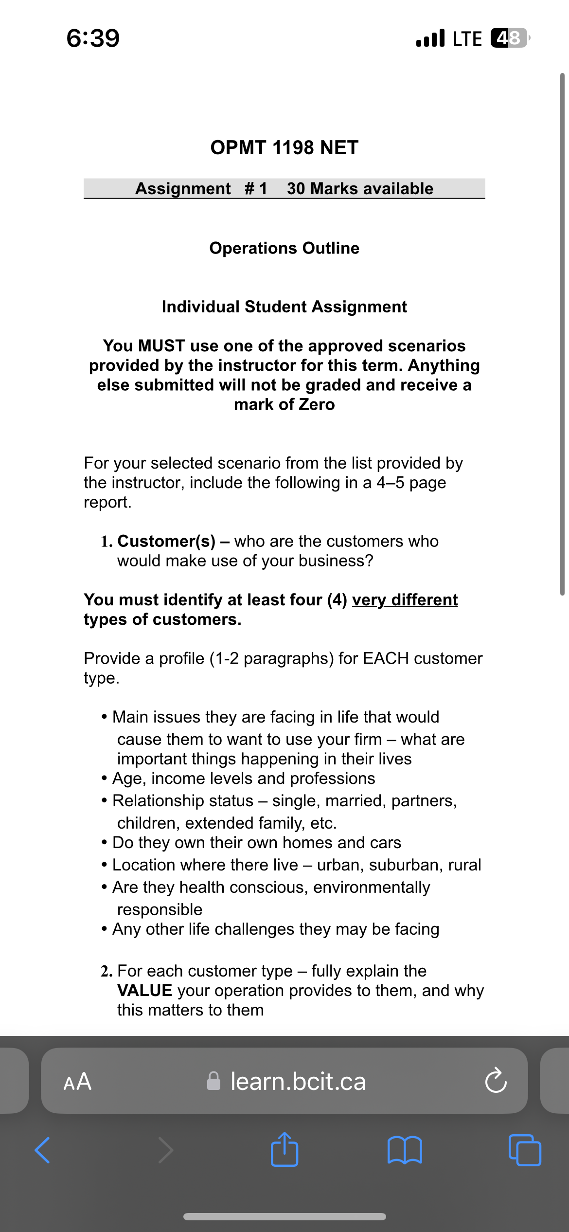  OPMT 1198 NET Assignment # 130 Marks available Operations Outline Individual